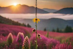 a flower in a field with mountains in the background. AI-Generated photo