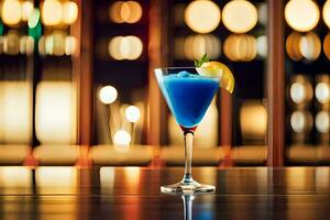 blue cocktail in a glass on a table. AI-Generated photo