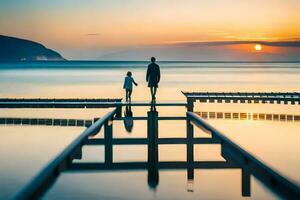 a man and a child walking on a pier at sunset. AI-Generated photo