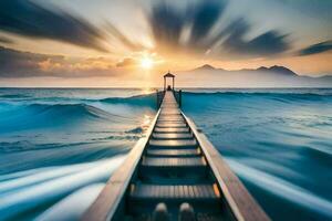 a long pier with waves crashing into it at sunset. AI-Generated photo