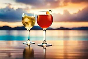 two glasses of wine on a table with sunset in the background. AI-Generated photo