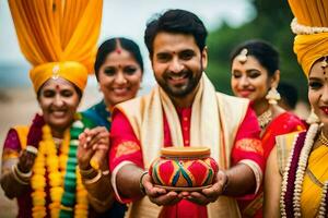 a man and woman in traditional indian attire holding a pot. AI-Generated photo