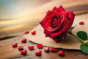 red rose on a wooden table with hearts. AI-Generated photo