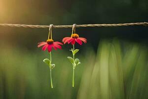 two red flowers hanging from a rope. AI-Generated photo