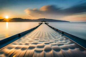 a long exposure photograph of a pier at sunset. AI-Generated photo