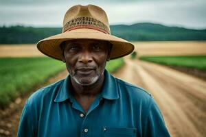 un hombre en un sombrero soportes en un campo. generado por ai foto