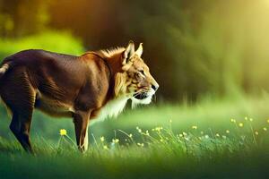 a lion is standing in the grass. AI-Generated photo