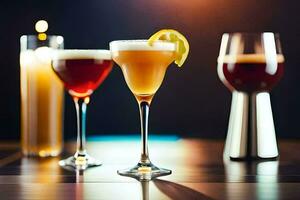 three different types of alcoholic drinks on a table. AI-Generated photo