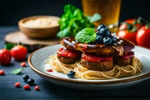 chicken meatballs with tomato sauce and pasta on a plate. AI-Generated photo