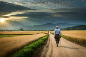 un hombre caminando abajo un suciedad la carretera en un campo. generado por ai foto