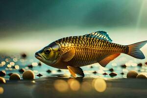 a fish is standing on the water with pebbles. AI-Generated photo