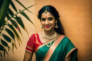 a beautiful indian woman in a green sari. AI-Generated photo