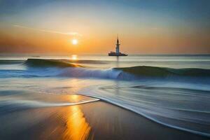 un faro en el Oceano a puesta de sol. generado por ai foto