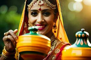 un mujer en tradicional indio atuendo participación un maceta. generado por ai foto