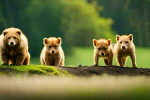 a group of brown bears standing on a hill. AI-Generated photo