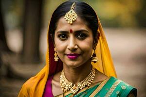 a woman in a sari poses for a portrait. AI-Generated photo