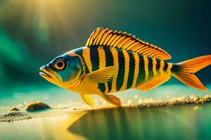 a fish with stripes on its body is standing in the water. AI-Generated photo