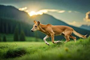 a dog running through a field at sunset. AI-Generated photo