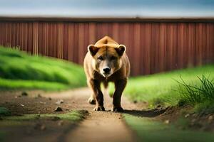 un marrón oso caminando en un suciedad la carretera. generado por ai foto