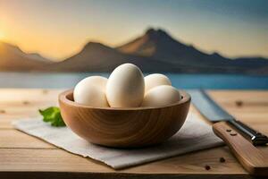 eggs in a bowl on a table with a knife and a knife. AI-Generated photo