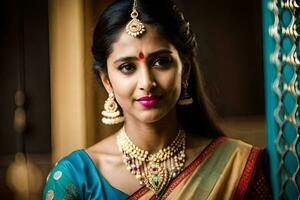 a beautiful indian woman wearing a traditional sari. AI-Generated photo