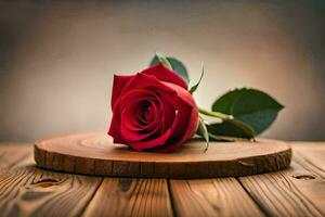 a single red rose on a wooden table. AI-Generated photo