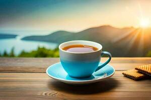 a cup of tea on a wooden table with a view of the mountains. AI-Generated photo