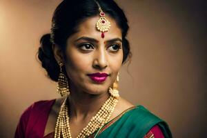 a beautiful indian woman wearing a sari and jewelry. AI-Generated photo