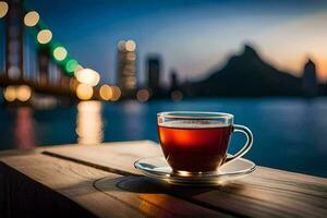 un taza de té en un de madera mesa en frente de un ciudad horizonte. generado por ai foto