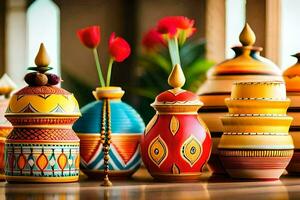 many colorful vases are arranged on a table. AI-Generated photo