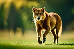 a brown dog walking across a green field. AI-Generated photo