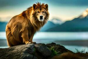 a lion sitting on a rock overlooking a lake. AI-Generated photo