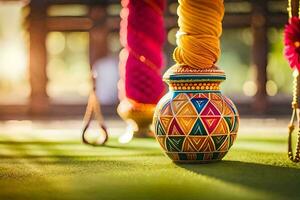 a colorful vase on the grass with a rope. AI-Generated photo