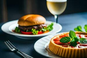 a plate with a burger and a glass of wine. AI-Generated photo