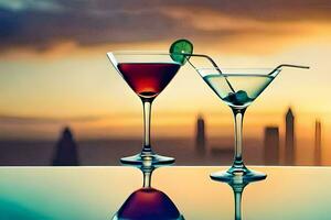 two glasses of cocktails on a table with a city skyline in the background. AI-Generated photo