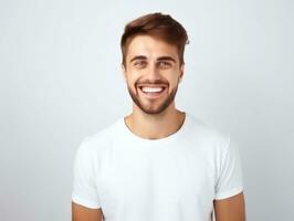 Happy european man in casual clothing against a neutral background AI Generative photo