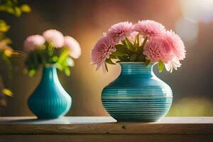 two vases with pink flowers sitting on a wooden table. AI-Generated photo