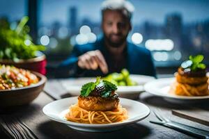 un hombre es comiendo espaguetis con un ver de el ciudad. generado por ai foto