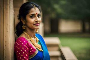 a beautiful indian woman in a blue sari. AI-Generated photo