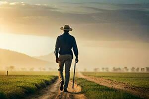 un hombre caminando en un suciedad la carretera en el medio de un campo. generado por ai foto