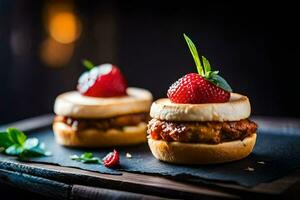 two mini sandwiches with strawberries on top. AI-Generated photo