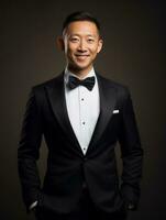 Smiling young man of Asian descent dressed in suit on gray background AI Generative photo