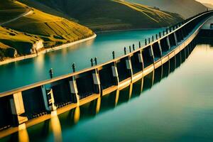 un largo puente terminado un cuerpo de agua. generado por ai foto