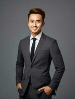 Smiling young man of Asian descent dressed in suit on gray background AI Generative photo