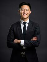 Smiling young man of Asian descent dressed in suit on gray background AI Generative photo