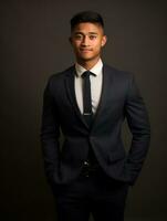 Smiling young man of Asian descent dressed in suit on gray background AI Generative photo