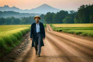 a man in a hat and coat walking down a dirt road. AI-Generated photo