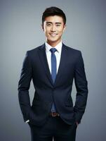 Smiling young man of Asian descent dressed in suit on gray background AI Generative photo