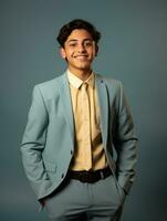 sonriente joven hombre de asiático descendencia vestido en traje en gris antecedentes ai generativo foto