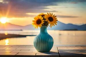 sunflowers in a vase on a table in front of the sunset. AI-Generated photo